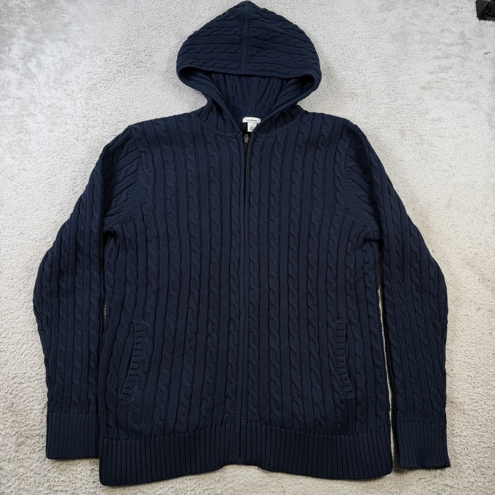 LL Bean Hoodie Sweater Womens XL Navy Full Zip Cable Knit Cotton Jacket Thick